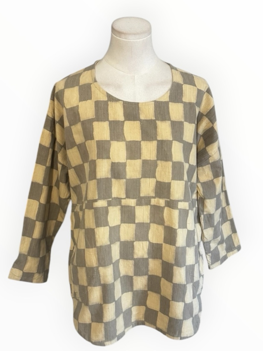 PO-EM Cotton Scoop Neck 2/3 Sleeves Sala Square Block-Print XS